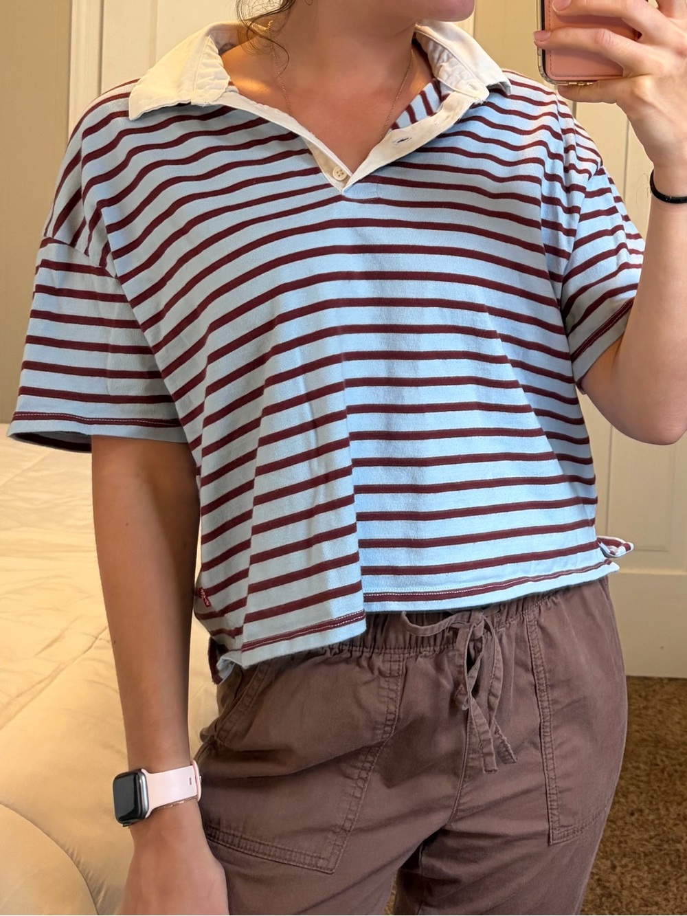 Levi's Cropped Rugby Polo in Light Blue and Burgundy Stripes